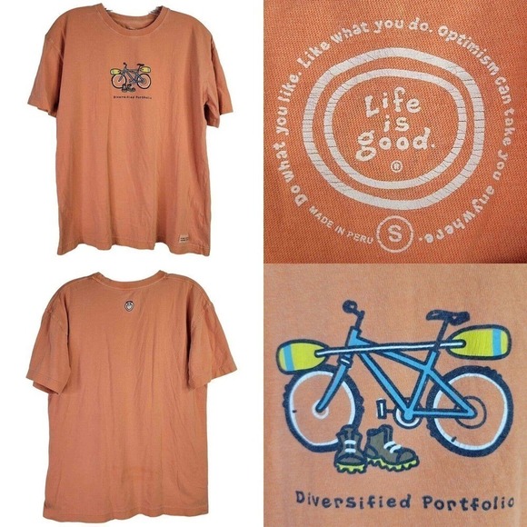 Life is Good Mens Short Sleeve Crewneck T-Shirt Tee Orange Hiking Biking Rafting - Picture 1 of 11